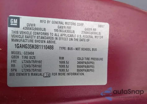 2008 Chevrolet Express Ls from USA, damaged, VIN 1GAHG35K081110488